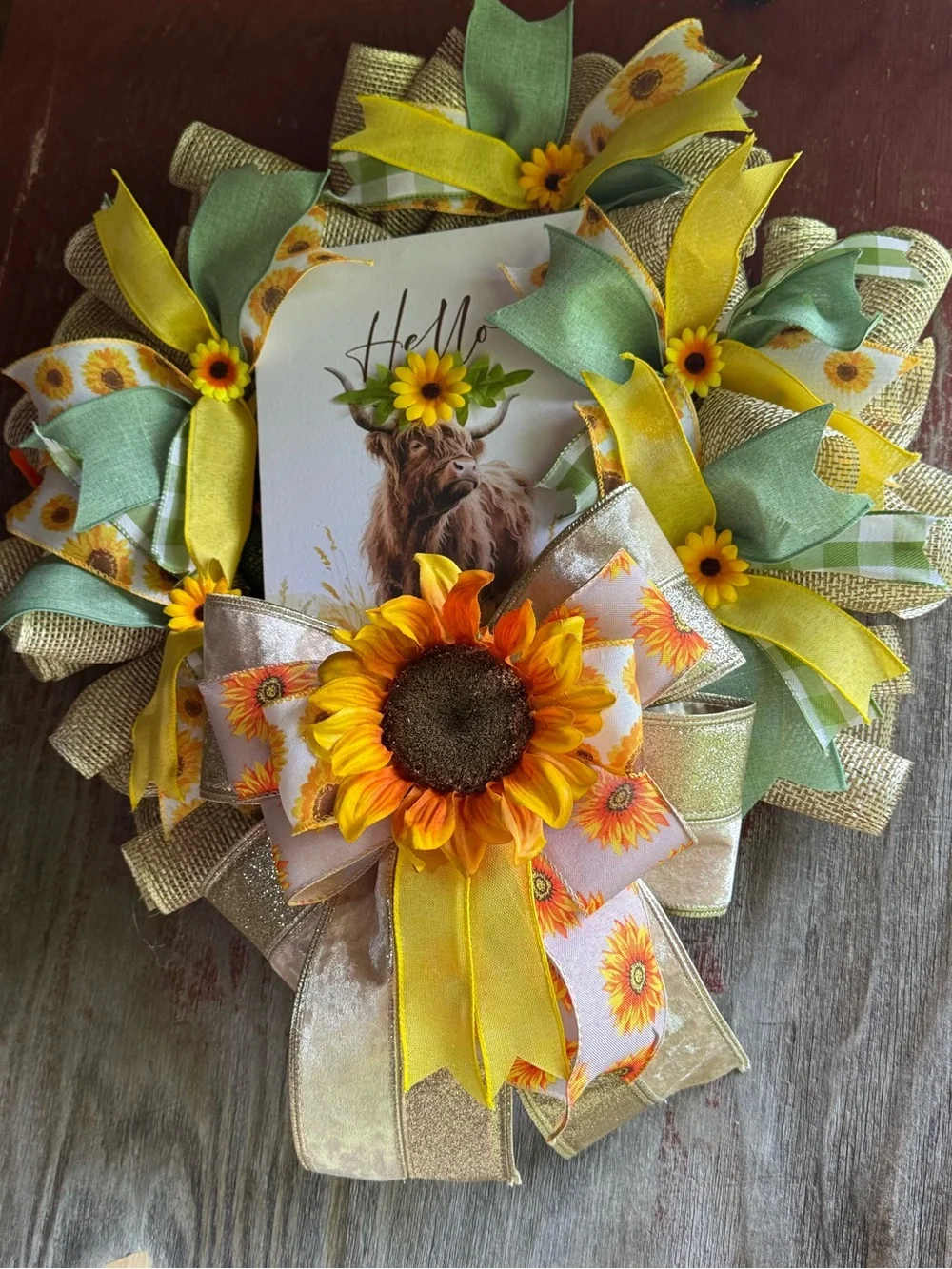 Sunny Sunflower Decorative Wreath with Green and Yellow Ribbons